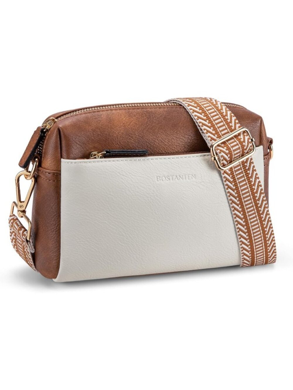 Women's Brown Beige Leather Triple Zip Crossbody Bag Purse with Shoulder Strap